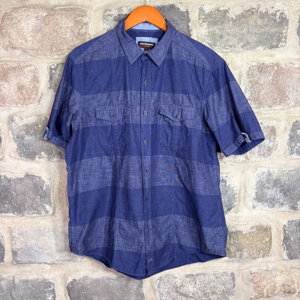 Johnston & Murphy Mens Large Blue Striped Short Sleeve Cotton Button Down Shirt‎